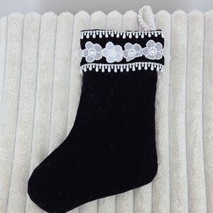 Navy Velvet Holiday Stocking with White Floral Trim